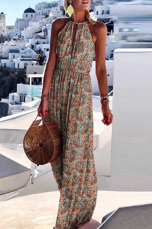 Fashion Bohemian Print Patchwork Halter Pleated Dresses(4 Colors) Khaki