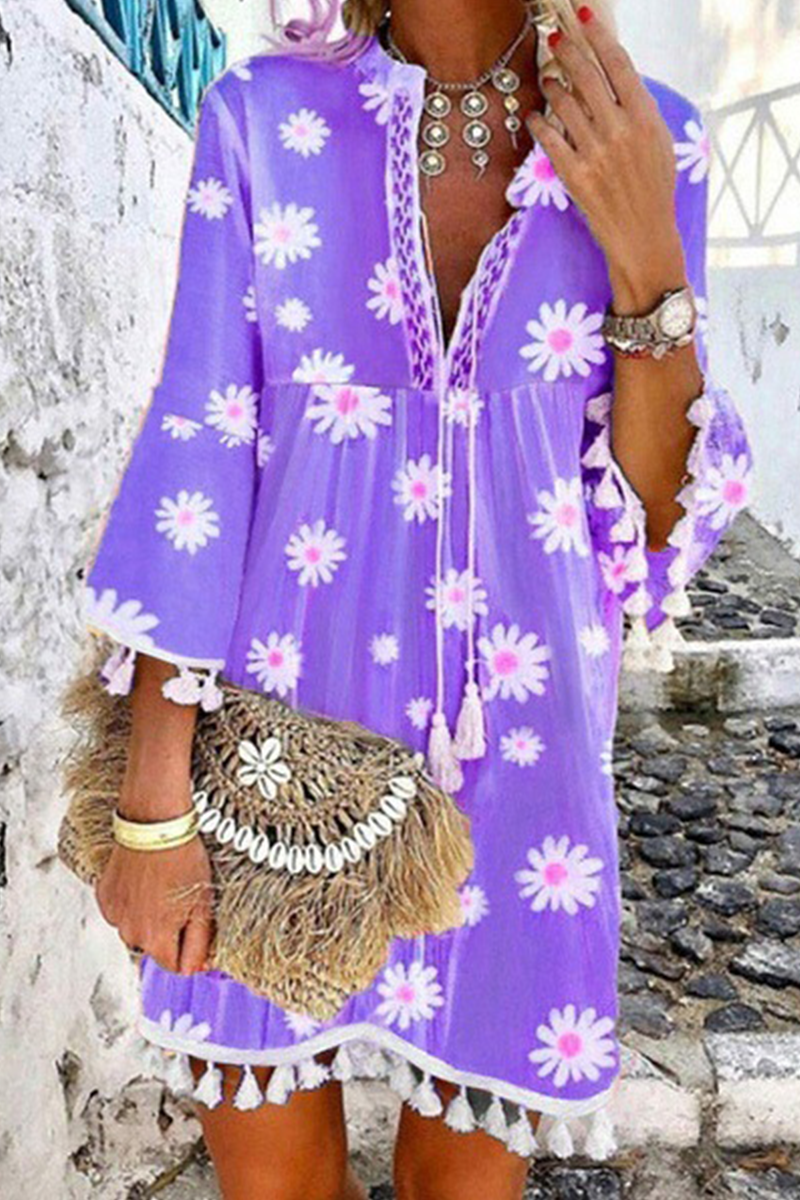 Elegant Patchwork Floral Tassel V Neck A Line Dresses(5 Colors) Purple