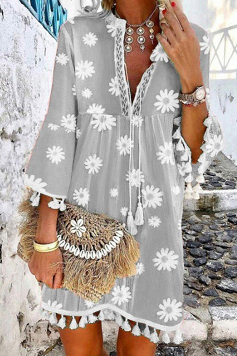 Elegant Patchwork Floral Tassel V Neck A Line Dresses(5 Colors) Grey