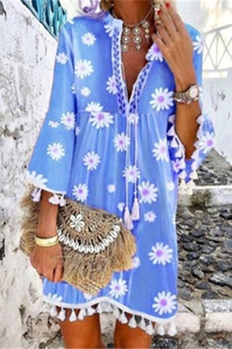 Elegant Patchwork Floral Tassel V Neck A Line Dresses(5 Colors) Sky Blue