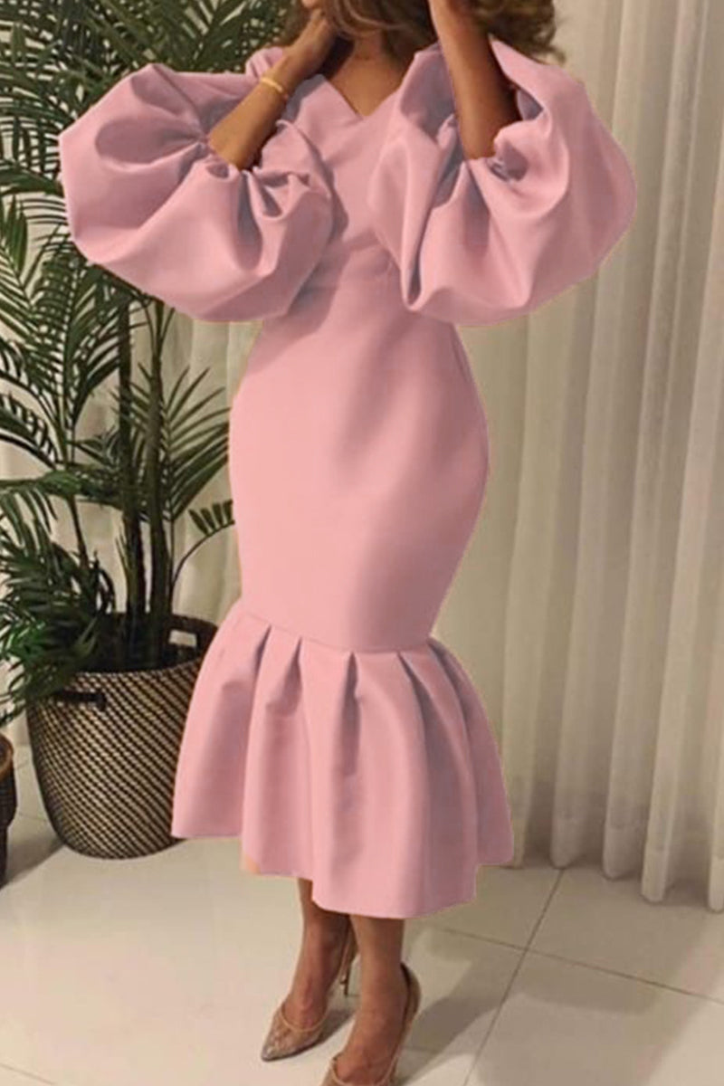 Fashion Sexy Solid Basic V Neck Evening Dress(6 Colors) Pink