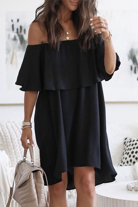 Fashion Elegant Solid Patchwork Flounce Off the Shoulder A Line Dresses(3 Colors) Black