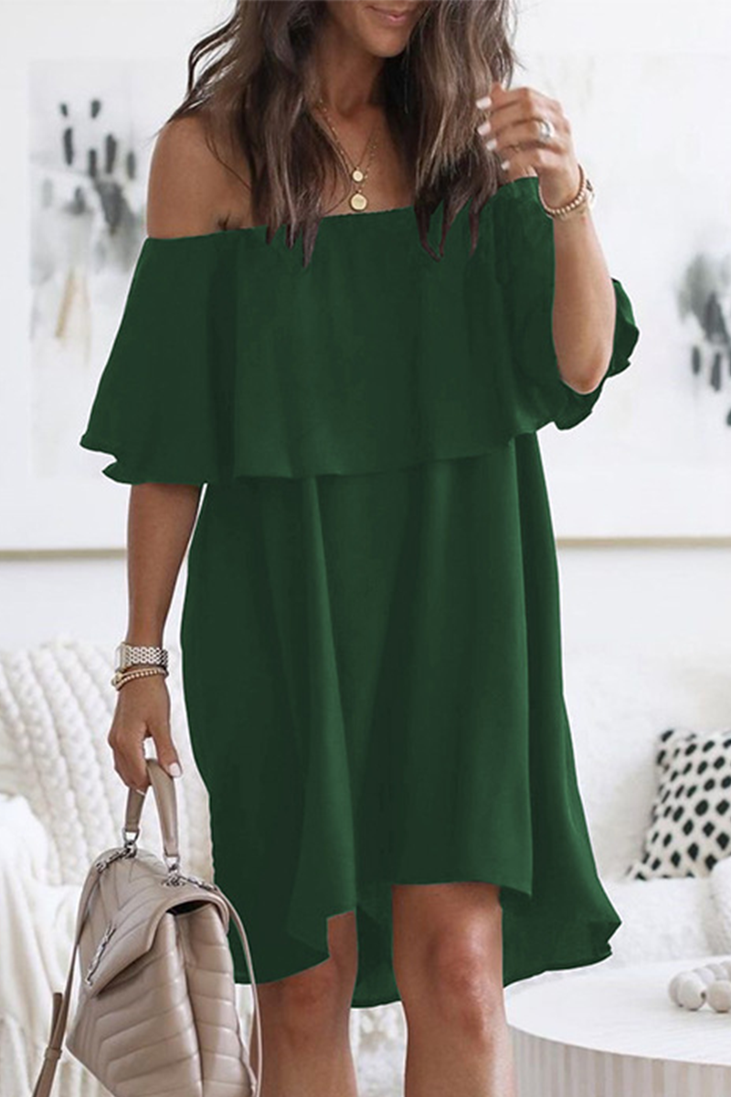 Fashion Elegant Solid Patchwork Flounce Off the Shoulder A Line Dresses(3 Colors) Ink Green