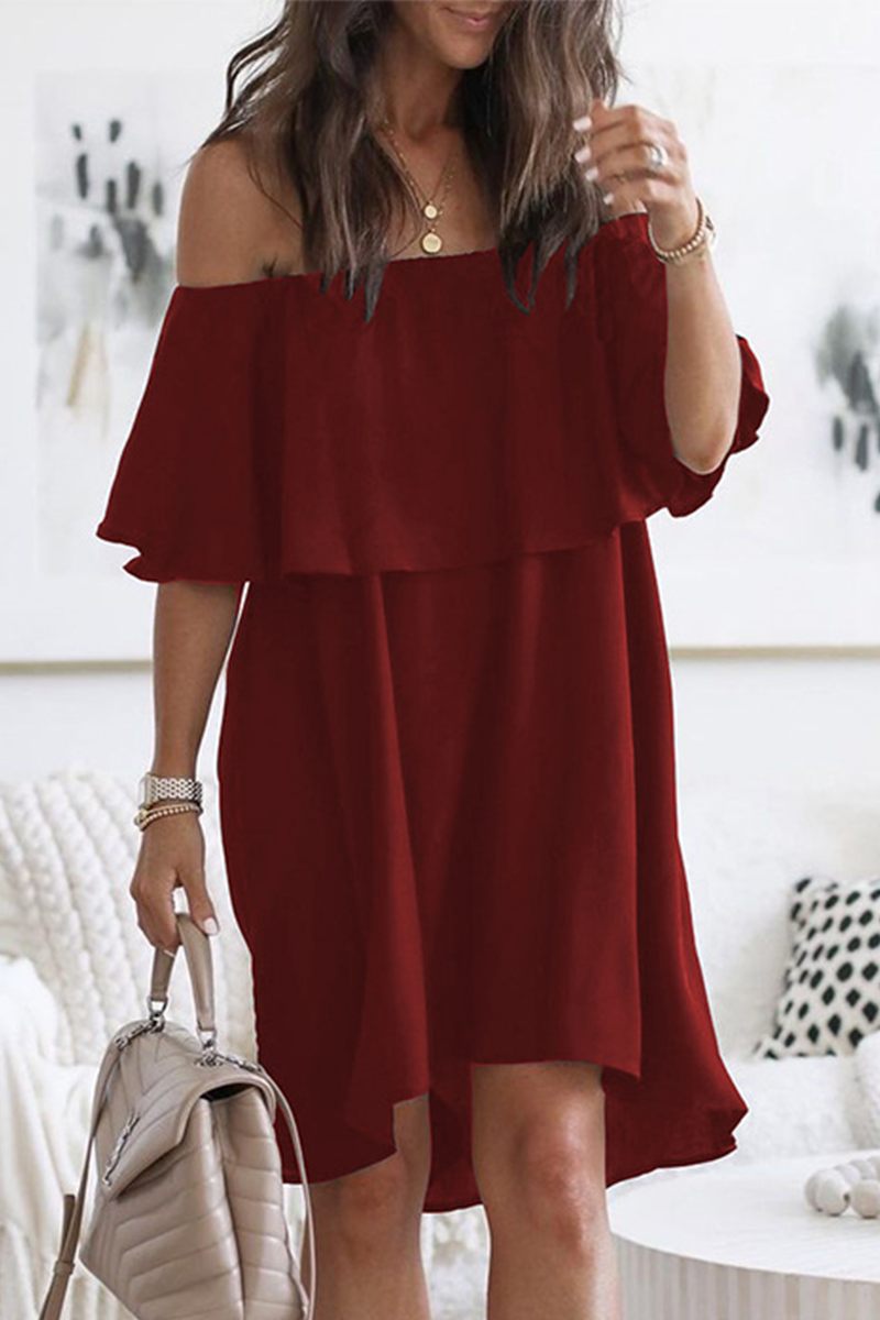 Fashion Elegant Solid Patchwork Flounce Off the Shoulder A Line Dresses(3 Colors) Burgundy