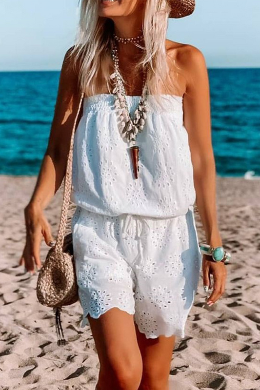 Casual Solid Hollowed Out Frenulum Strapless Loose Rompers White