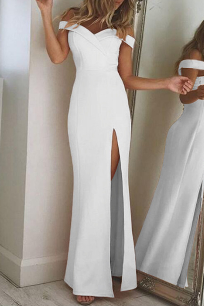 Fashion Elegant Solid Backless High Opening Off the Shoulder Irregular Dress Dresses(5 Colors) White