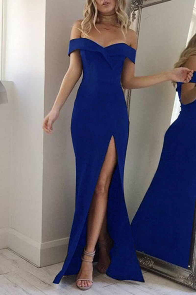 Fashion Elegant Solid Backless High Opening Off the Shoulder Irregular Dress Dresses(5 Colors) Blue