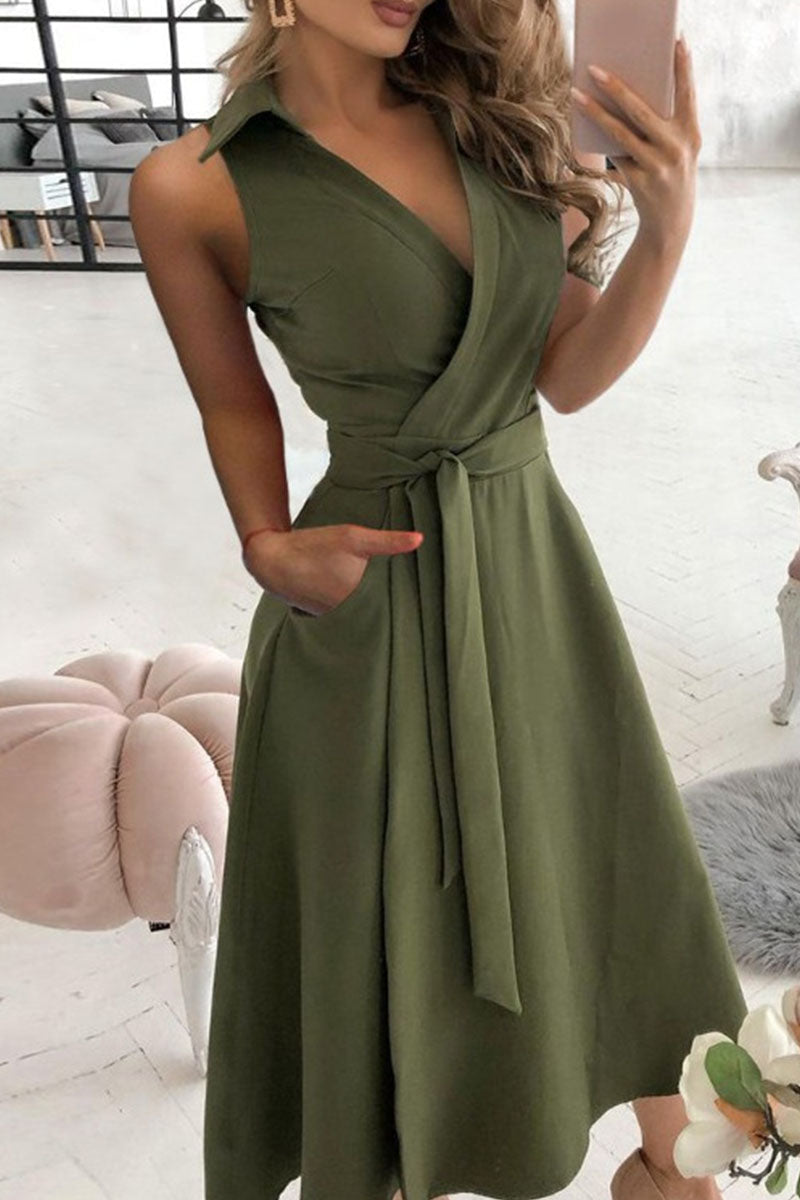 Fashion Street Solid Patchwork V Neck A Line Dresses(4 Colors) Army Green