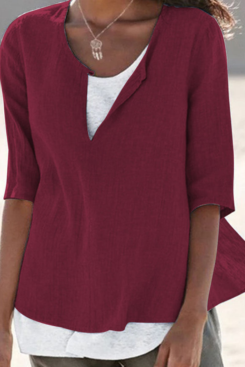 Fashion Simplicity Solid Patchwork V Neck Tops(12 Colors) Burgundy