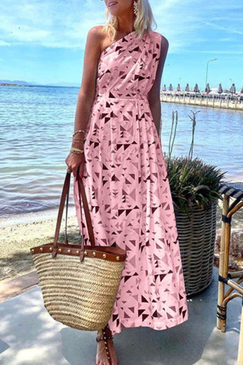 Fashion Bohemian Print Patchwork One Shoulder A Line Dresses Pink