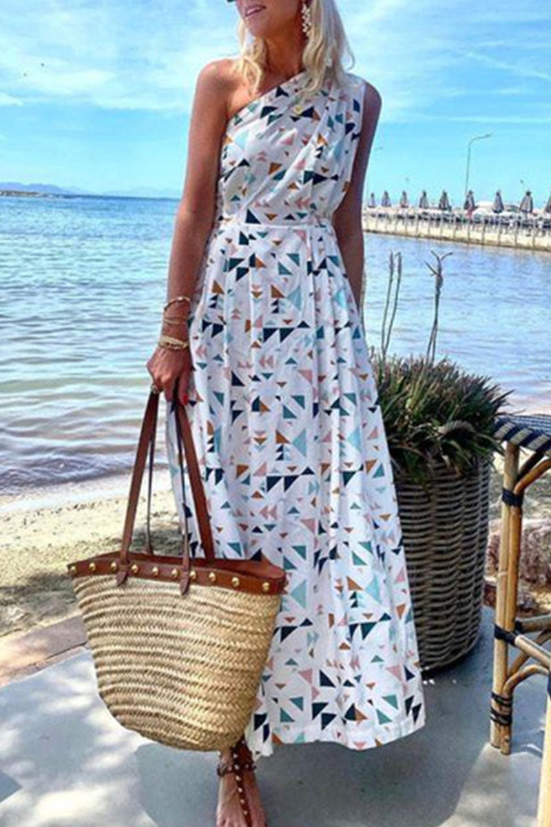 Fashion Bohemian Print Patchwork One Shoulder A Line Dresses White