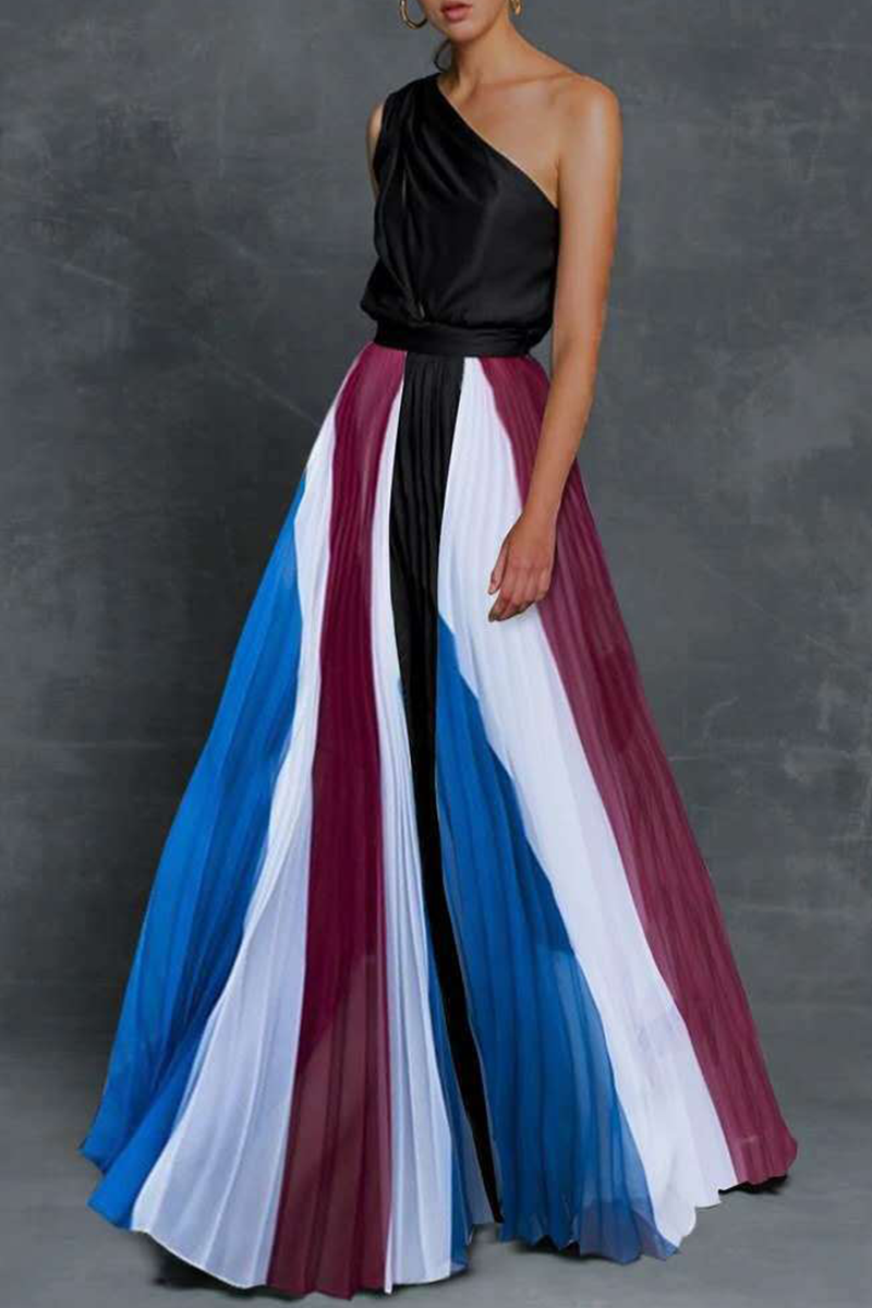 Fashion Elegant Patchwork Contrast Oblique Collar Waist Skirt Dresses(7 Colors) Multi-color