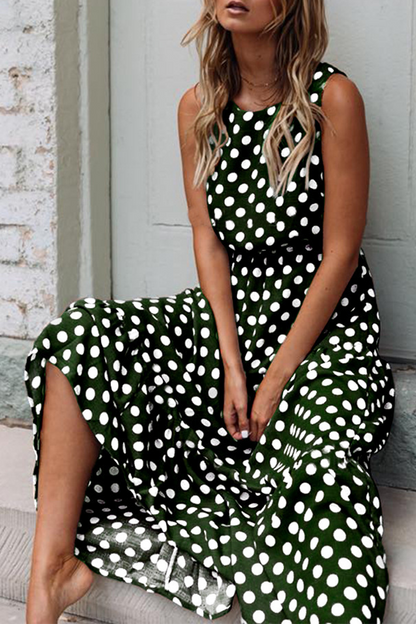 Fashion Street Polka Dot Patchwork O Neck A Line Dresses(5 Colors) Green