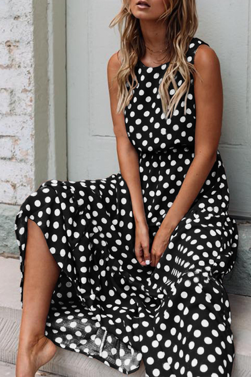 Fashion Street Polka Dot Patchwork O Neck A Line Dresses(5 Colors) Black