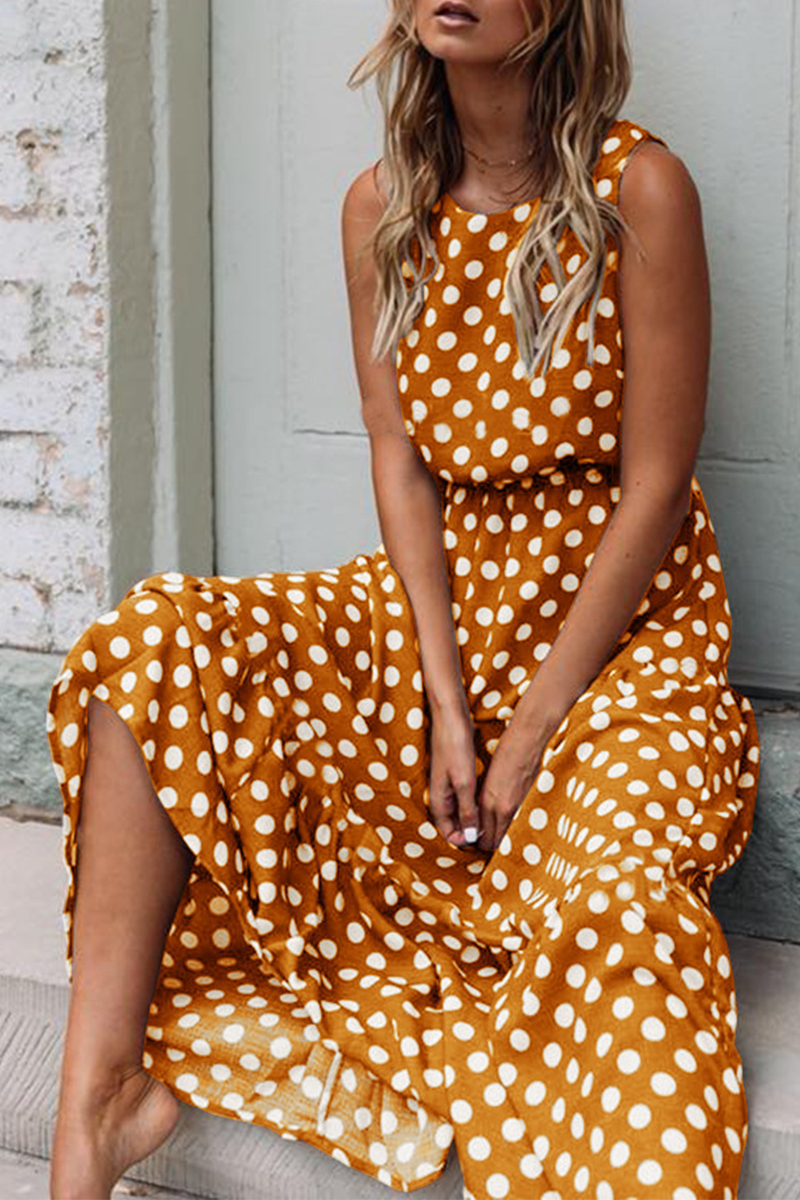 Fashion Street Polka Dot Patchwork O Neck A Line Dresses(5 Colors) Yellow