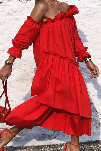 Fashion Street Solid Patchwork Off the Shoulder Irregular Dresses Red