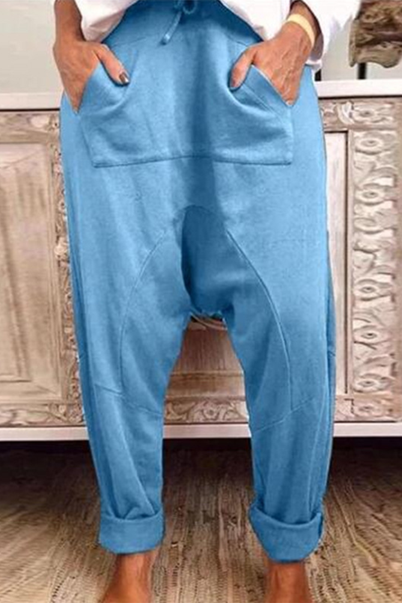 Casual Draw String Pocket Loose Harlan Solid Color Bottoms(4 Colors) Blue