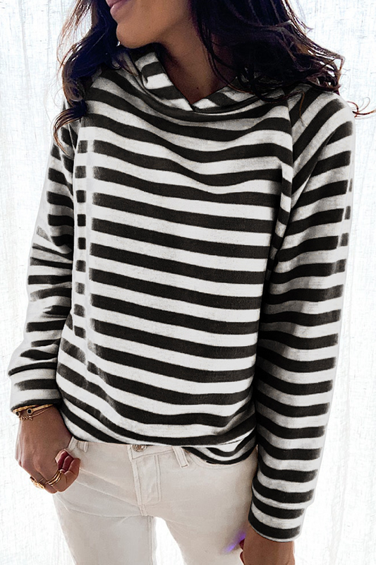 Casual Striped Patchwork Hooded Collar Tops(3 Colors) Black