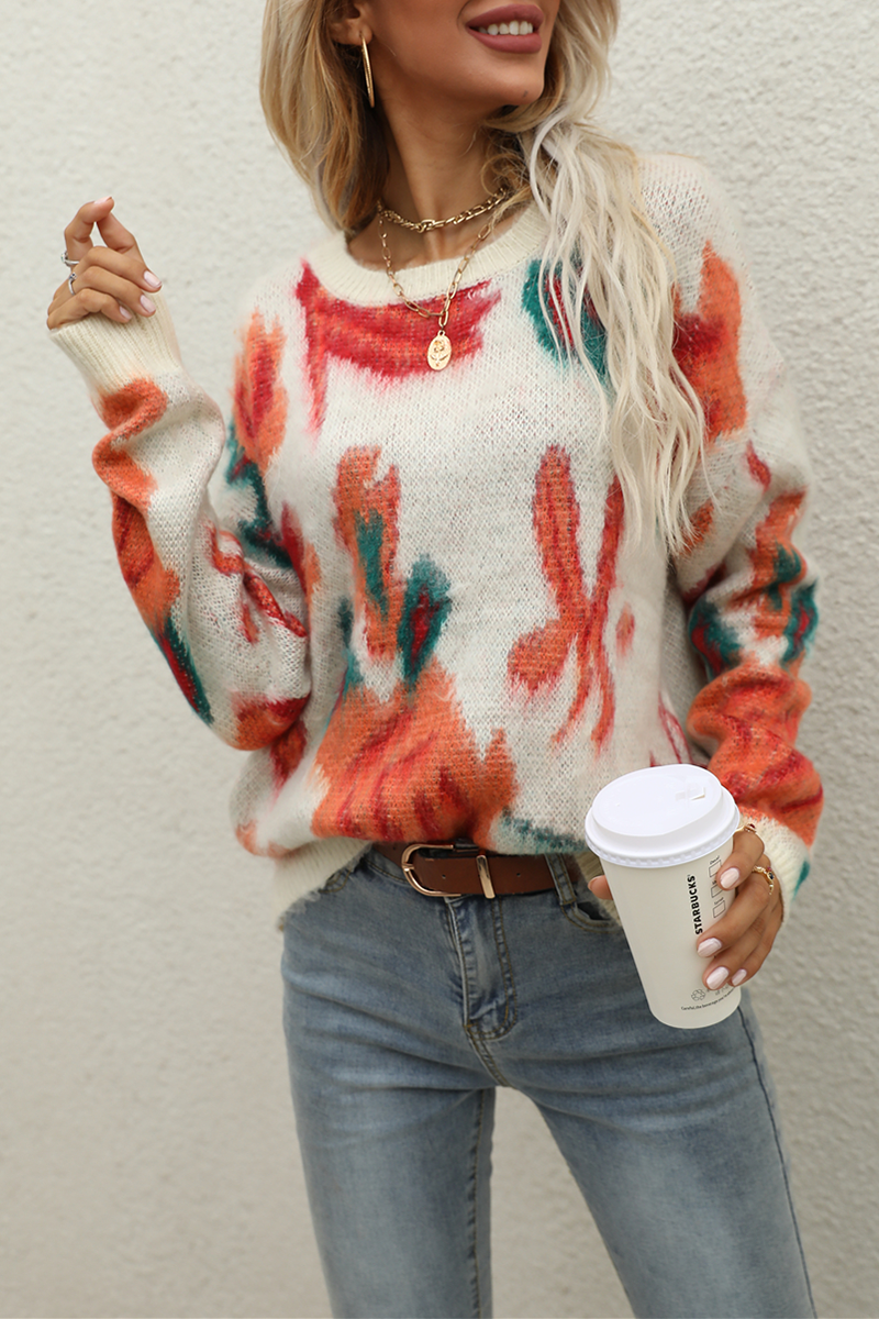 Casual Print Basic O Neck Tops Sweater