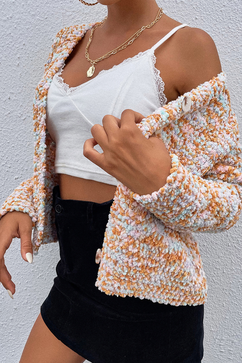 Casual Patchwork Buckle V Neck Tops Sweater