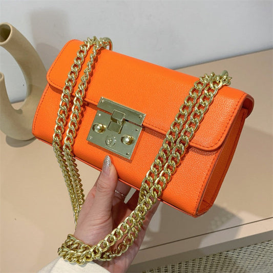 Fashion Casual Solid Patchwork Chains Shoulder Bag Orange One Size