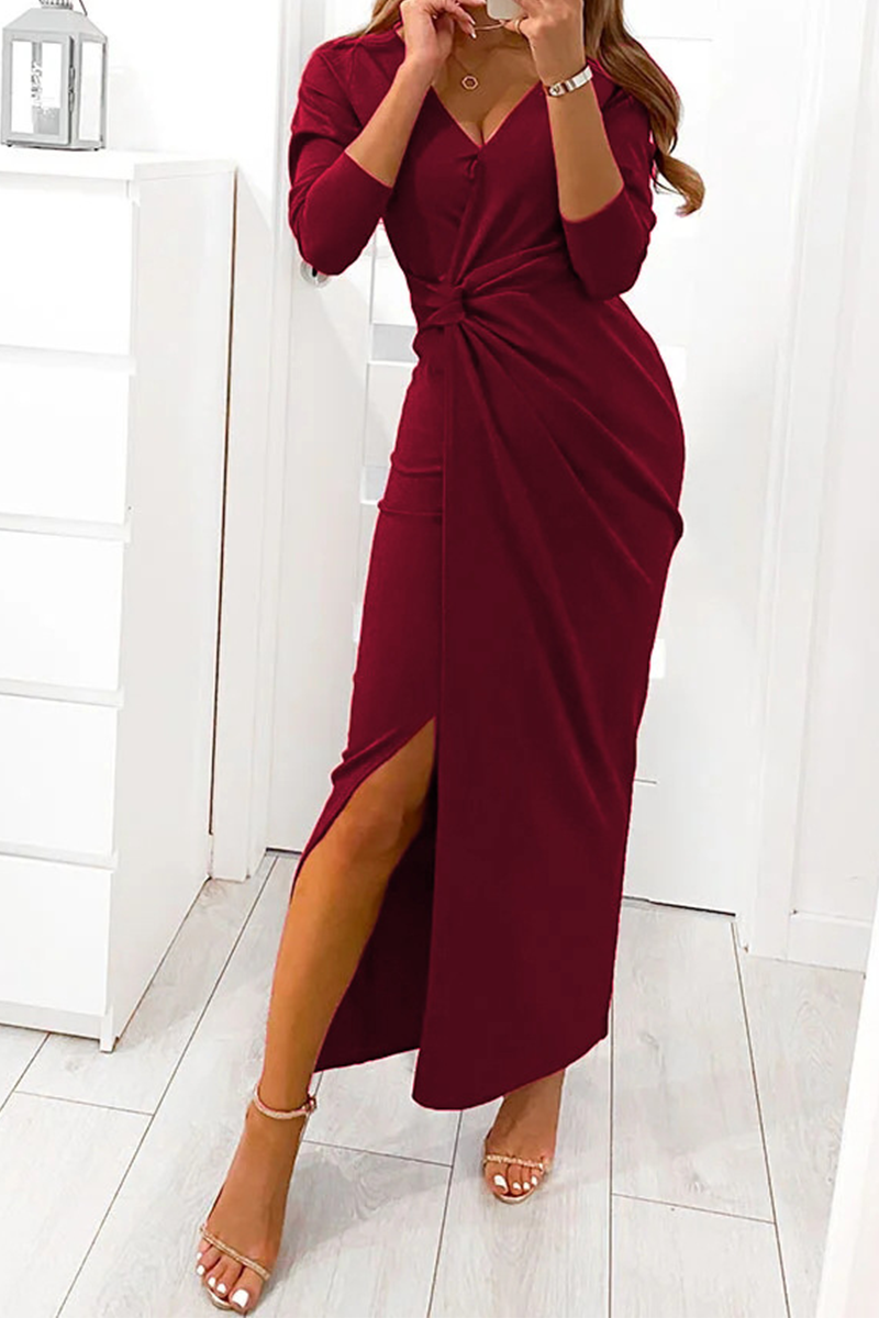 Elegant Solid Slit Fold V Neck Evening Dress Dresses(4 Colors) Burgundy