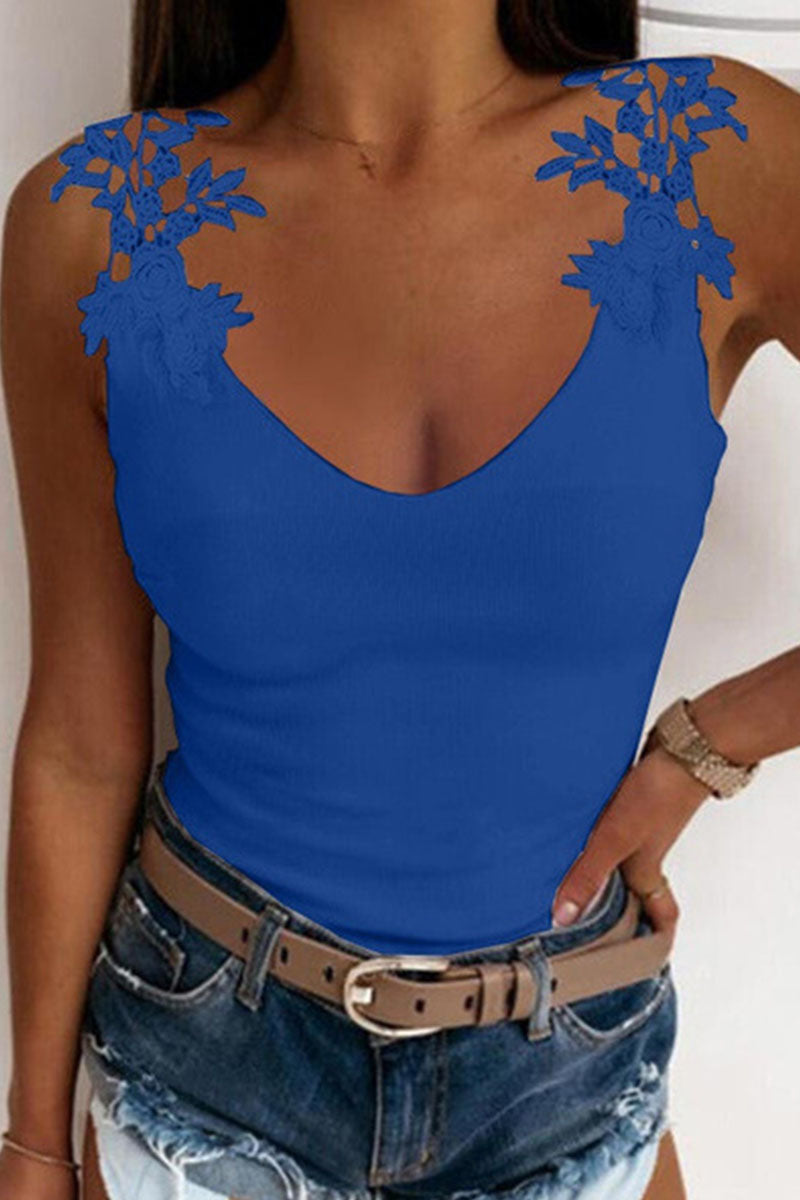 Fashion Casual Solid Patchwork V Neck Tops(4 Colors) Blue