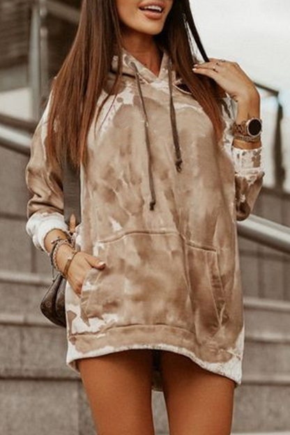 Casual Tie Dye Hollowed Out Draw String Hooded Collar Tops(3 Colors) Khaki