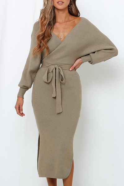 Casual Elegant Solid Backless Slit Strap Design V Neck Pencil Skirt Dresses Khaki