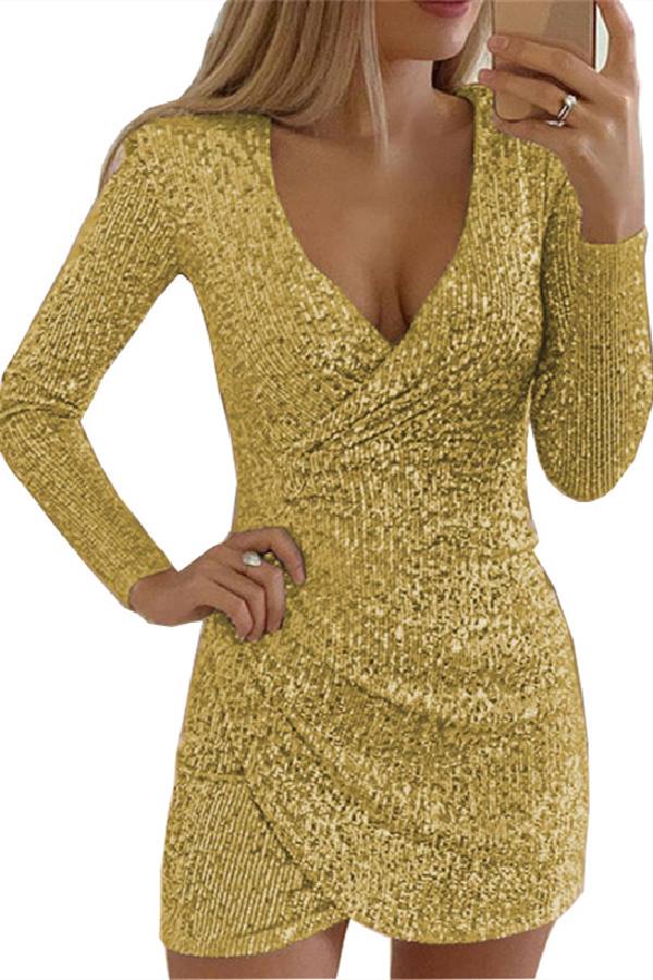 Fashion Sexy Solid Sequins V Neck Irregular Dress Dresses(9 Colors)