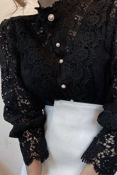 Elegant Patchwork Lace Hollowed Out Buckle Mandarin Collar Blouses(3 Colors) Black