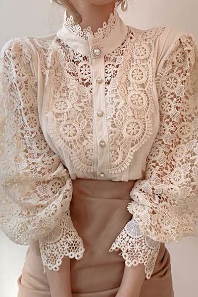 Elegant Patchwork Lace Hollowed Out Buckle Mandarin Collar Blouses(3 Colors) Apricot