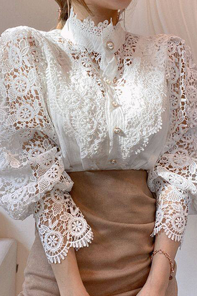 Elegant Patchwork Lace Hollowed Out Buckle Mandarin Collar Blouses(3 Colors) White