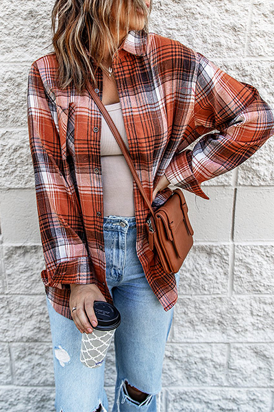 Casual Plaid Patchwork Buckle Turndown Collar Blouses Orange