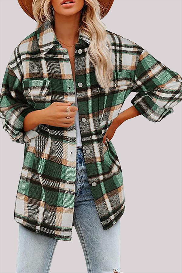 Casual Plaid Pocket Buckle Turndown Collar Outerwear(8 Colors) Gray Green