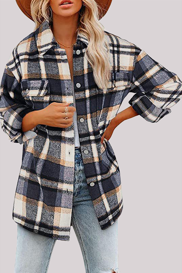 Casual Plaid Pocket Buckle Turndown Collar Outerwear(8 Colors) Gray Blue