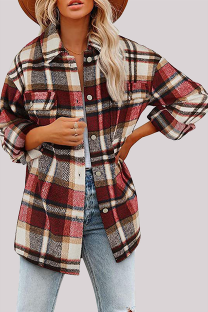 Casual Plaid Pocket Buckle Turndown Collar Outerwear(8 Colors) Red