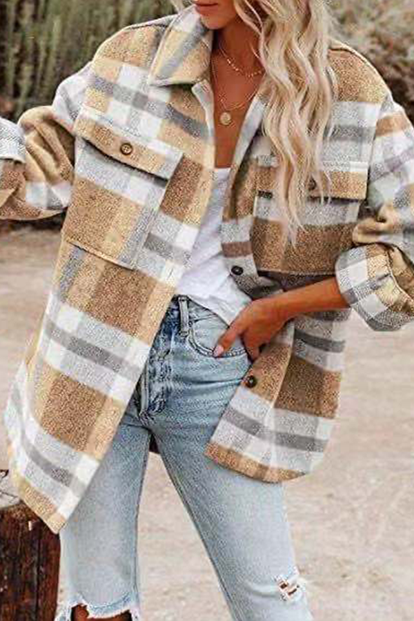 Casual Plaid Pocket Buckle Turndown Collar Outerwear(8 Colors) Yellow