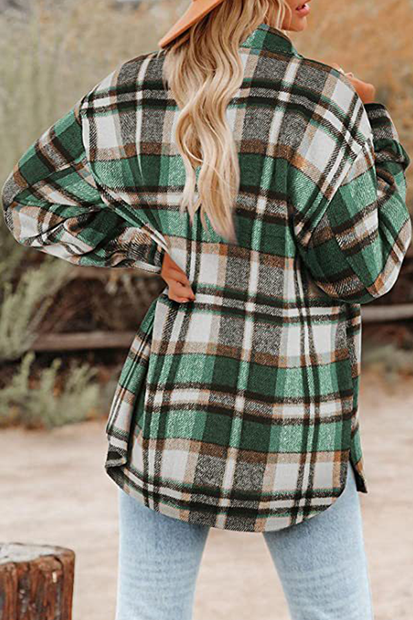 Casual Plaid Pocket Buckle Turndown Collar Outerwear(8 Colors)