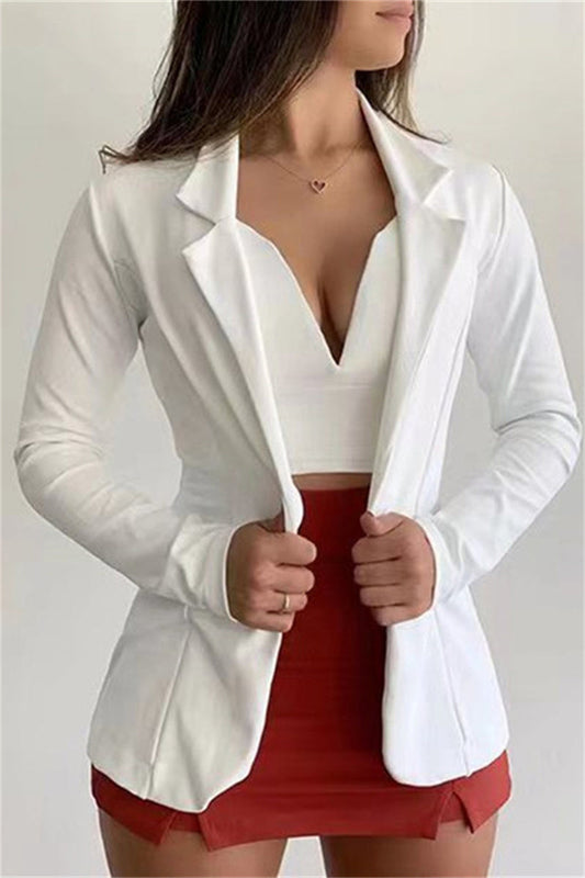 Fashion Casual Solid Cardigan Turndown Collar Outerwear White