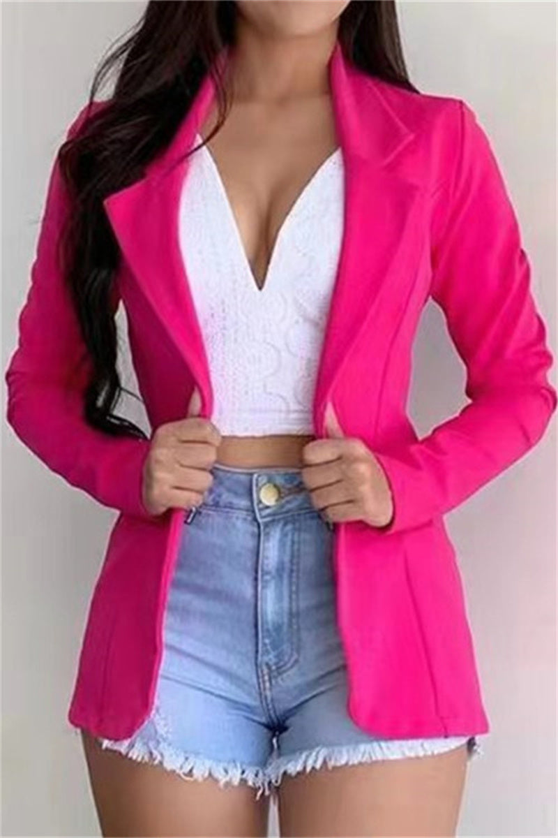 Fashion Casual Solid Cardigan Turndown Collar Outerwear Rose Red