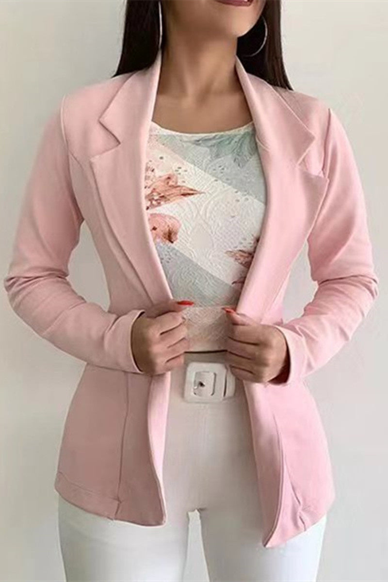 Fashion Casual Solid Cardigan Turndown Collar Outerwear Pink