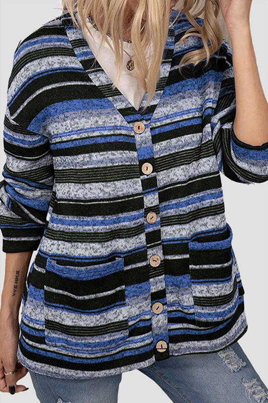 Casual Striped Pocket Buckle V Neck Outerwear(5 Colors) Colorful Blue