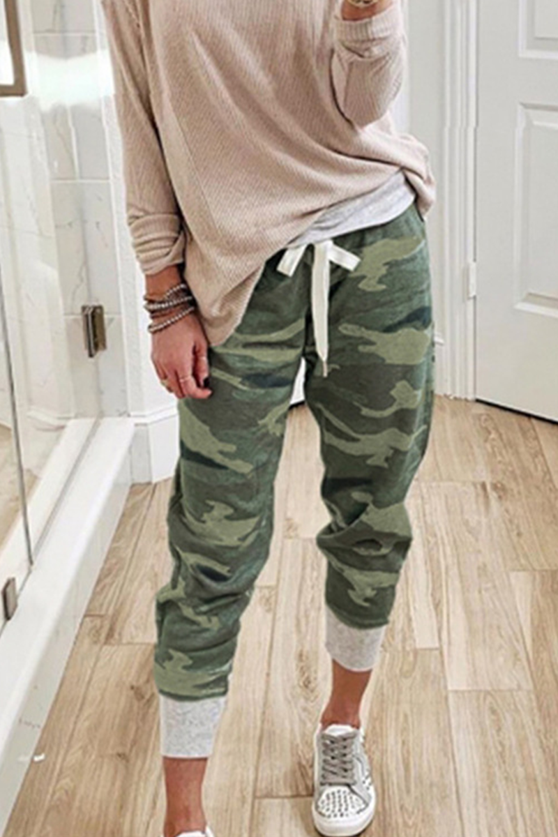 Casual Camouflage Print Draw String Capris Patchwork Bottoms(3 Colors)