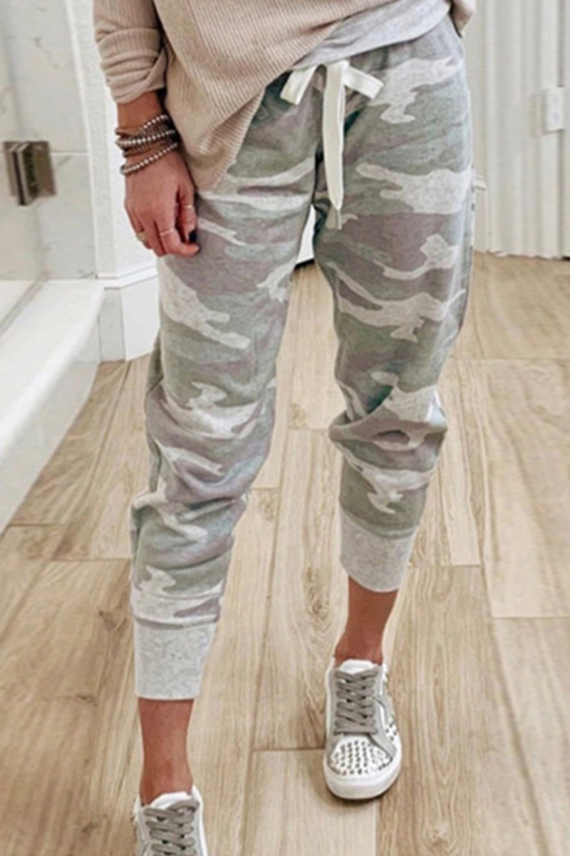 Casual Camouflage Print Draw String Capris Patchwork Bottoms(3 Colors) Grey