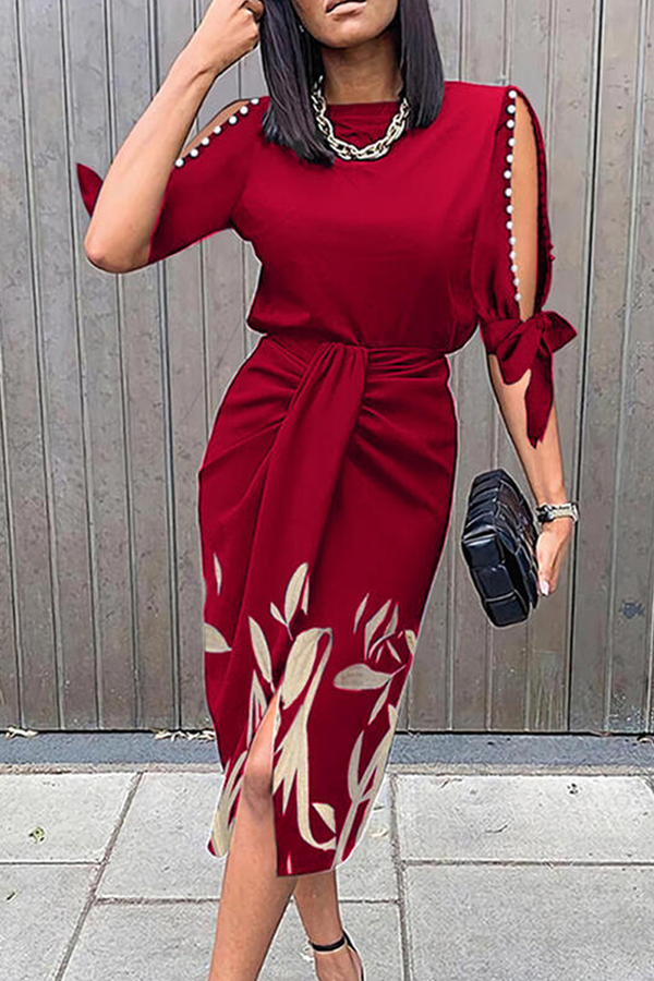 Fashion Elegant Print Slit Beading O Neck Dresses Burgundy