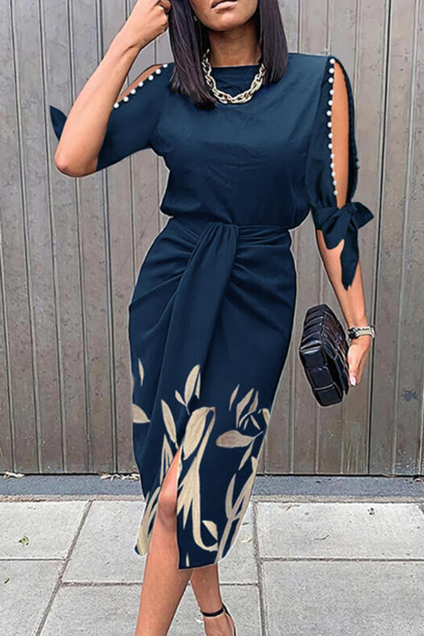 Fashion Elegant Print Slit Beading O Neck Dresses Navy