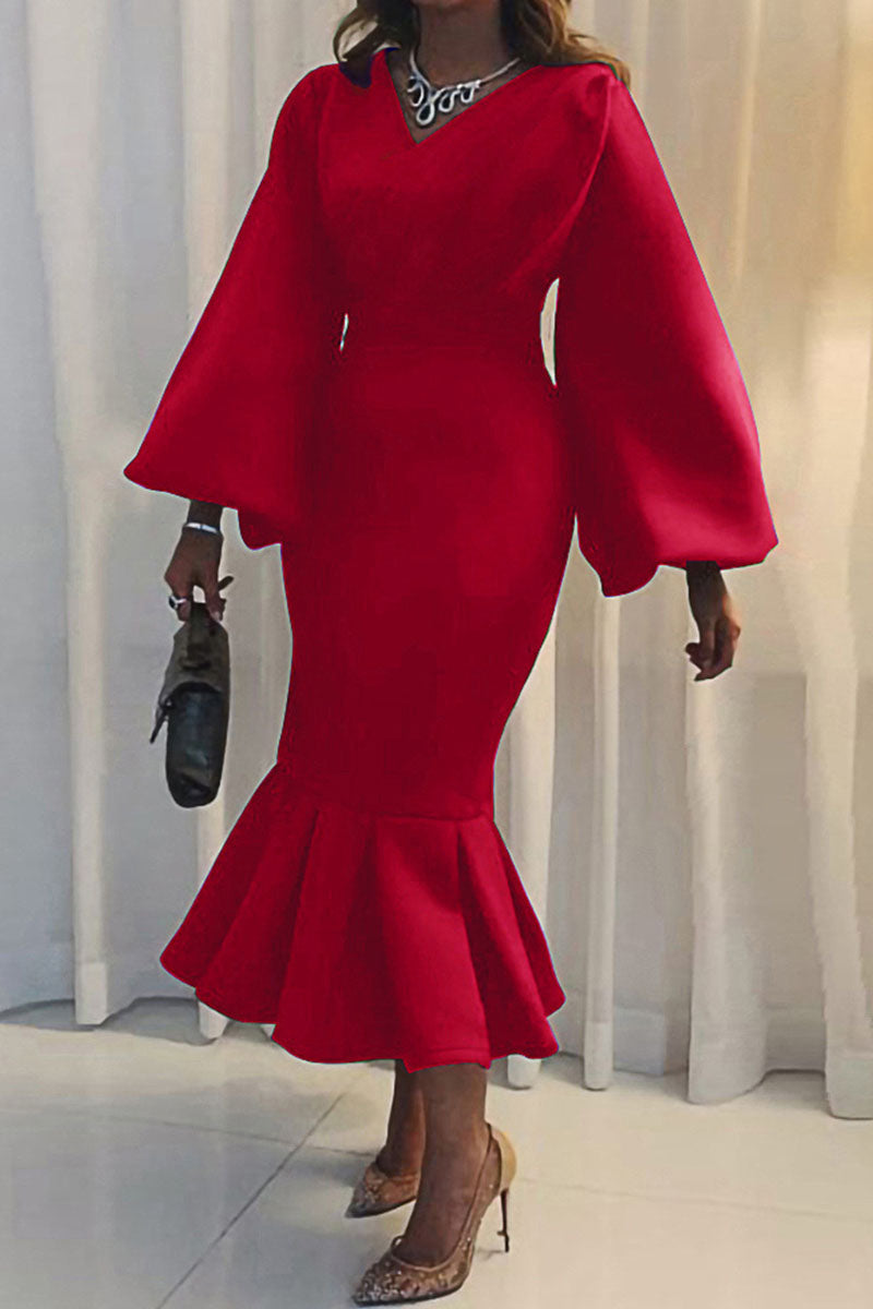 Elegant Solid Patchwork V Neck Evening Dress Dresses Red