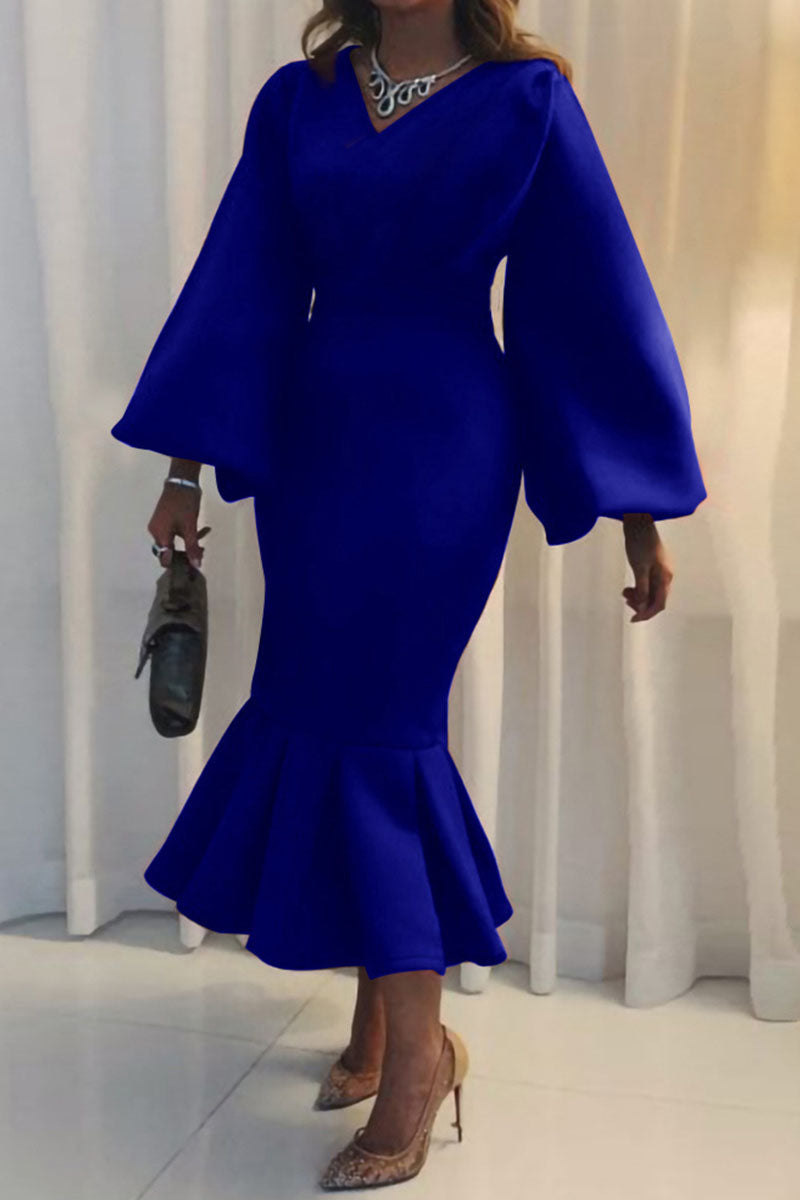 Elegant Solid Patchwork V Neck Evening Dress Dresses Blue