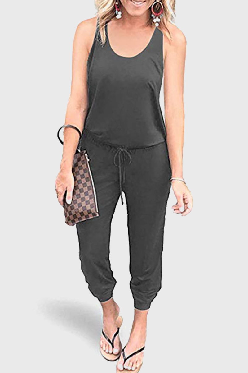 Casual Solid Patchwork Frenulum U Neck Jumpsuits Grey